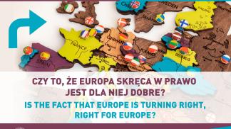 plakat zapowiadający debatę, mapa Europy, strzałka w prawo, 18 stycznia, godzina 8:00, sala 58