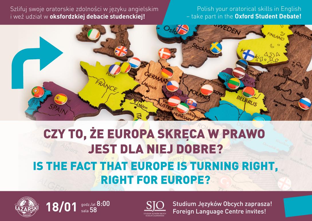 plakat zapowiadający debatę, mapa Europy, strzałka w prawo, 18 stycznia, godzina 8:00, sala 58